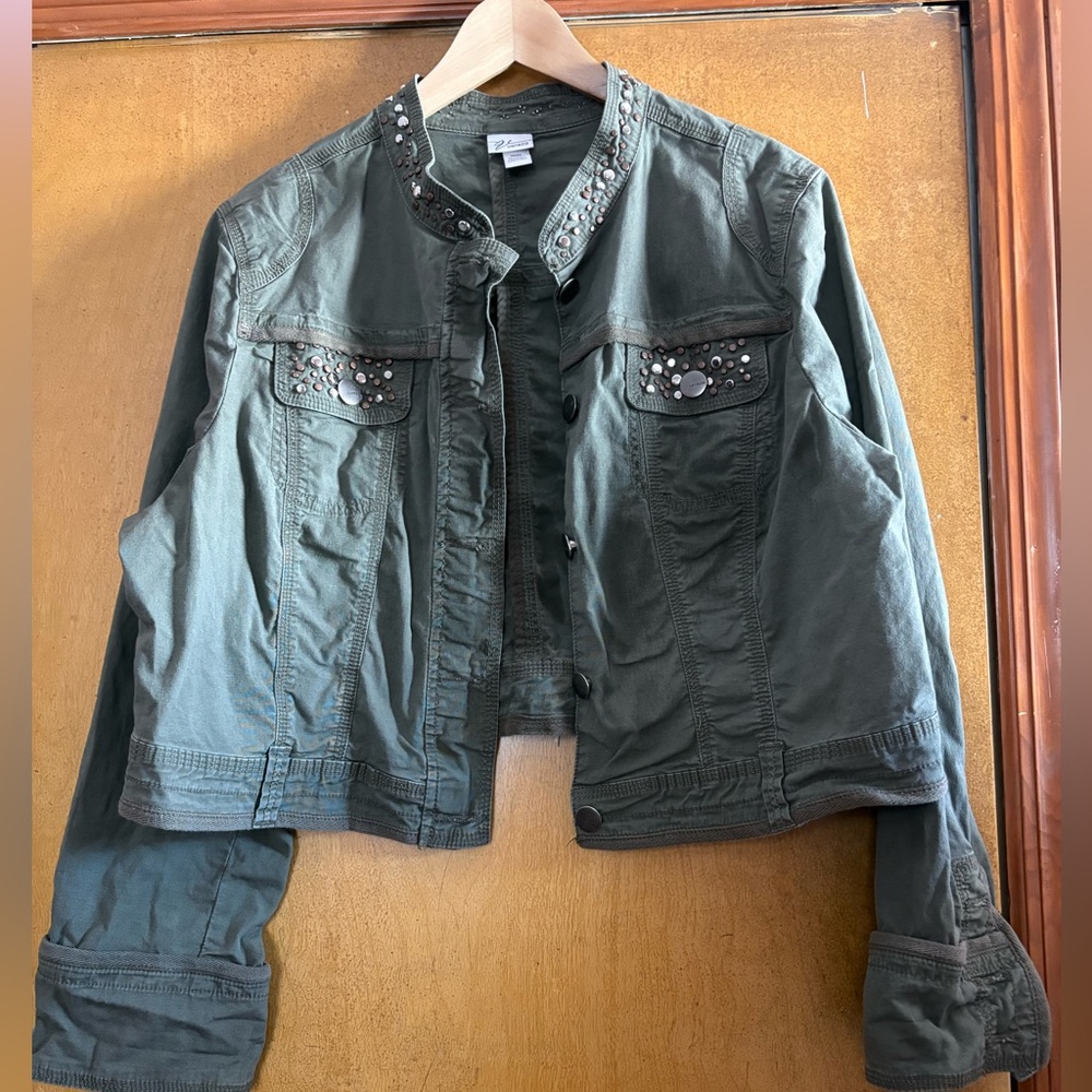 Vintage 2000s Venezia Olive Cropped Utility Jacket with Studded Accents